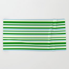 [ Thumbnail: Light Yellow, Green, and Light Blue Colored Lined/Striped Pattern Beach Towel ]