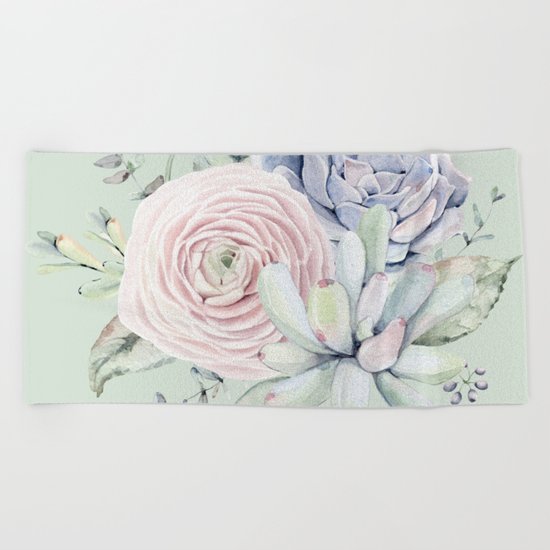 Mint Green + Pink Delight Succulents Beach Towel