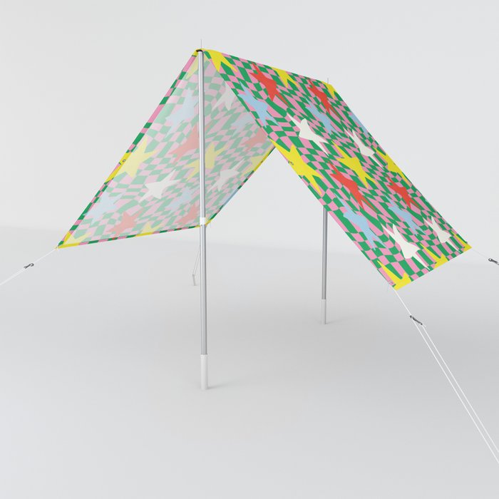 Colorful Stars on Warped Checkerboard Sun Shade