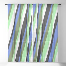 [ Thumbnail: Eyecatching Royal Blue, Dark Olive Green, Green, White & Black Colored Lined Pattern Sheer Curtain ]