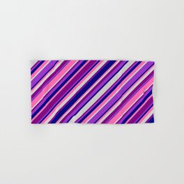 [ Thumbnail: Eye-catching Purple, Dark Orchid, Blue, Hot Pink & Light Grey Colored Lined Pattern Hand & Bath Towel ]