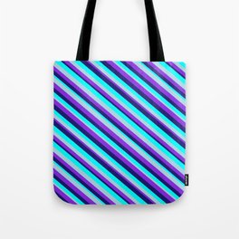[ Thumbnail: Midnight Blue, Aqua, Light Blue, and Purple Colored Lined/Striped Pattern Tote Bag ]