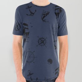 Navy Blue And Black Silhouettes Of Vintage Nautical Pattern All Over Graphic Tee