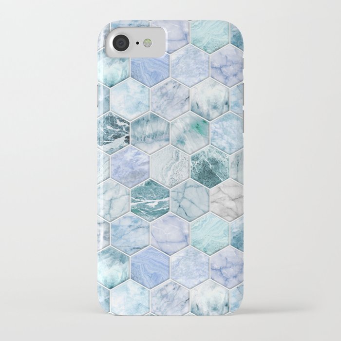 Ice Blue and Jade Stone and Marble Hexagon Tiles iPhone Case