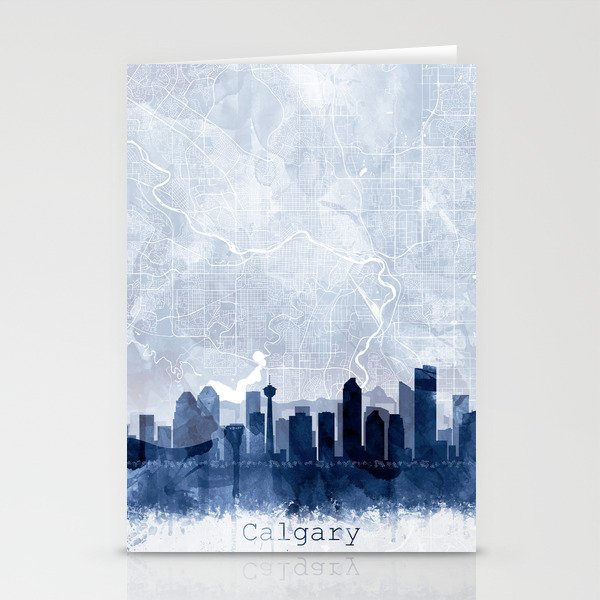 Calgary Skyline & Map Watercolor Navy Blue, Print by Zouzounio Art Stationery Cards