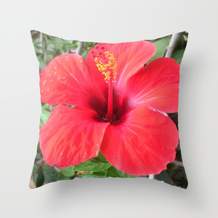 Red Hibiscus Flower Throw Pillow