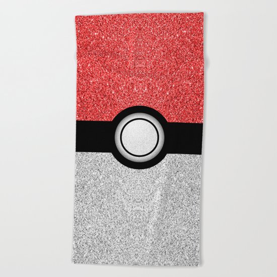 Sparkly red and silver sparkles poke ball Beach Towel
