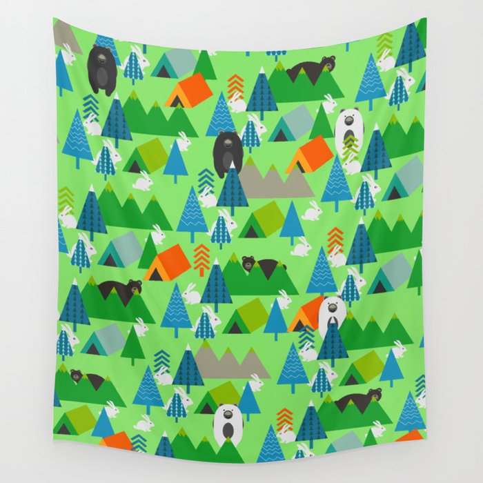 Forest with cute little bunnies and bears Wall Tapestry