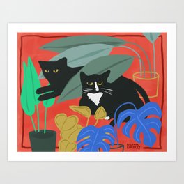 Black cats with plants Art Print
