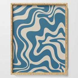 Retro Liquid Swirl Abstract Pattern in Beige and Boho Blue Serving Tray