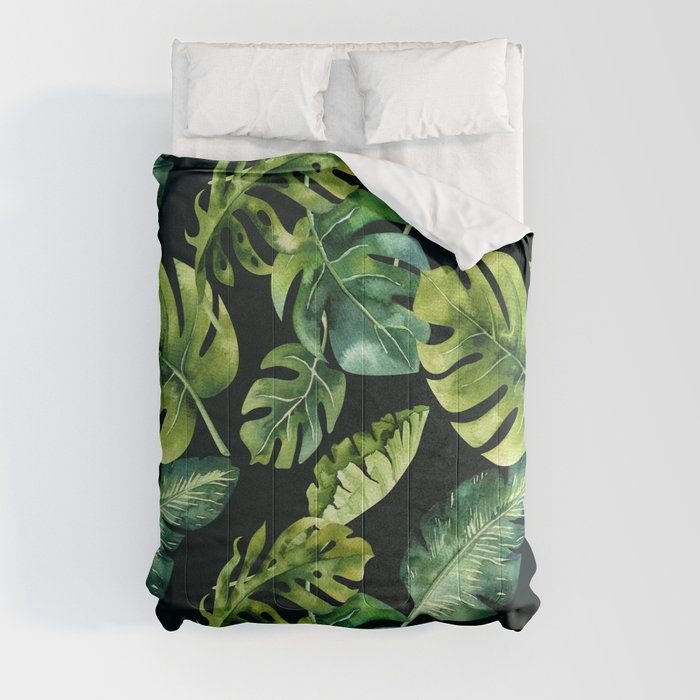 Watercolor Botanical Green Monstera Lush Tropical Palm Leaves Pattern on Solid Black Comforter