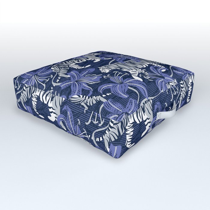 Tigers in a tiger lily garden // textured navy blue background light grey wild animals very peri flowers Outdoor Floor Cushion
