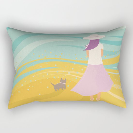 Listen to the Ocean (Girl and Cat Vector Graphic Illustration) Rectangular Pillow
