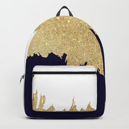 Modern navy blue white faux gold glitter brushstrokes Backpack