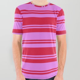 [ Thumbnail: Crimson and Violet Colored Stripes/Lines Pattern All Over Graphic Tee ]