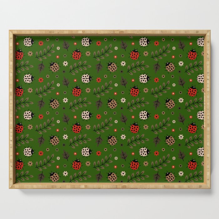 Ladybug and Floral Seamless Pattern on Green Background Serving Tray
