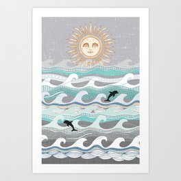 sunset dolphin waves Art Print