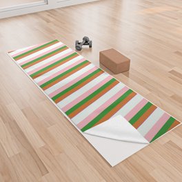 [ Thumbnail: Orchid, Chocolate, Forest Green, Light Pink & Mint Cream Colored Striped/Lined Pattern Yoga Towel ]
