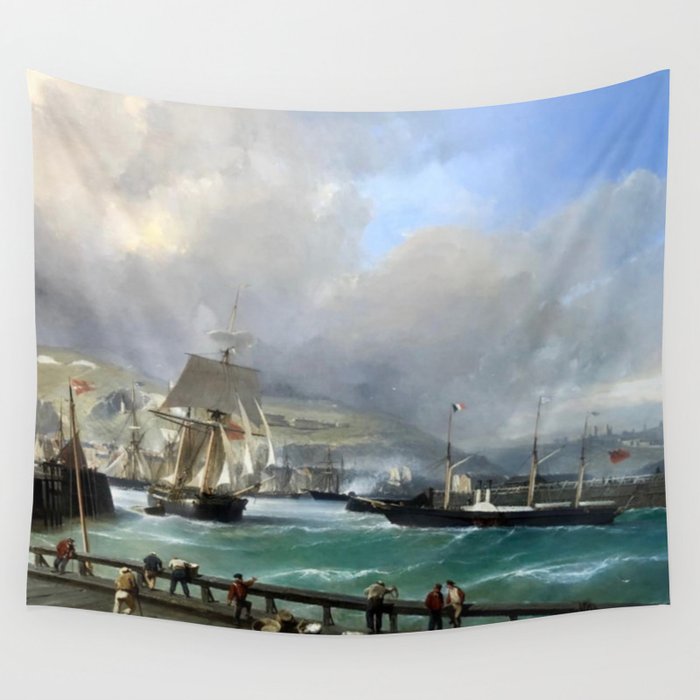 A Breezy Day Off Dover Harbour seascape nautical painting by Julius Hintz Wall Tapestry