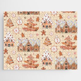 Hand drawn watercolour seamless pattern of gingerbread houses, christmas tree, snowman, snowflakes with the sweets on the beige background.  Jigsaw Puzzle