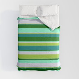 [ Thumbnail: Eyecatching Green, Teal, Dark Green, Aquamarine & Lavender Colored Striped/Lined Pattern Comforter ]