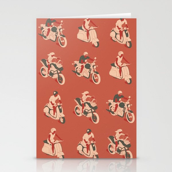 Pattern of motorcycles and retro scooters with people Stationery Cards
