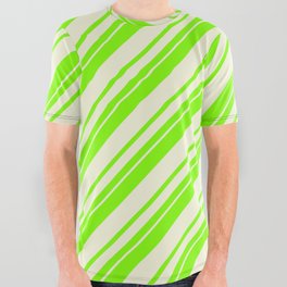 [ Thumbnail: Chartreuse & Beige Colored Lines Pattern All Over Graphic Tee ]