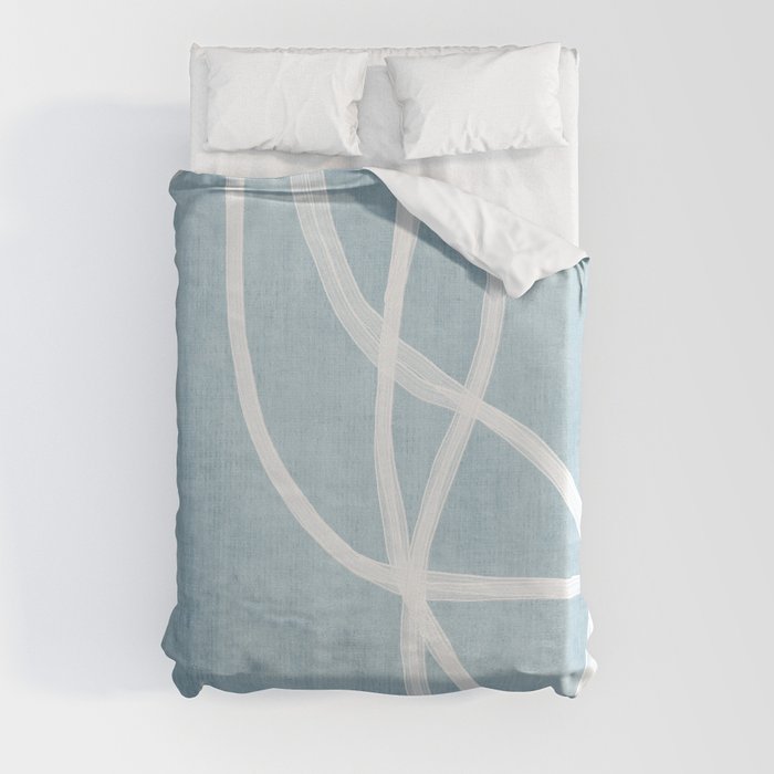 Minimalist White Line Art Light Blue Linen Digital Art Duvet Cover