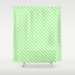 [ Thumbnail: Beige & Green Colored Lined/Striped Pattern Shower Curtain ]