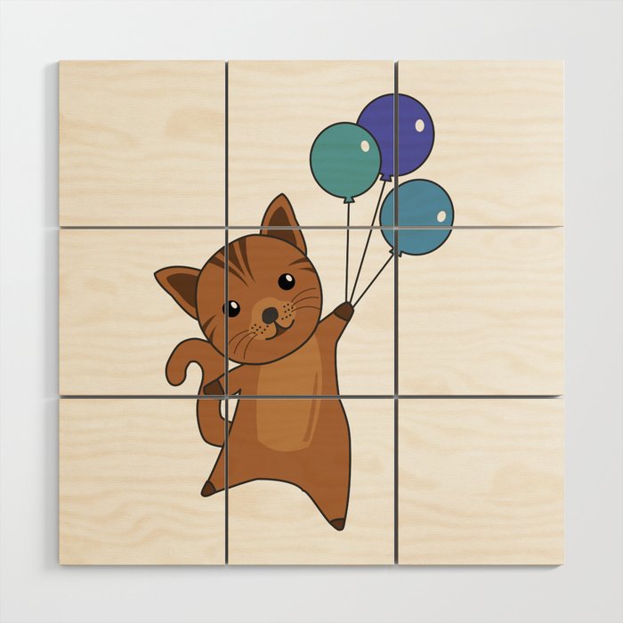 Cat Flies Up With Colorful Balloons Wood Wall Art
