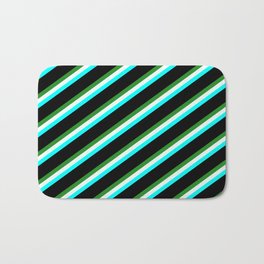 [ Thumbnail: Forest Green, Mint Cream, Cyan & Black Colored Striped Pattern Bath Mat ]