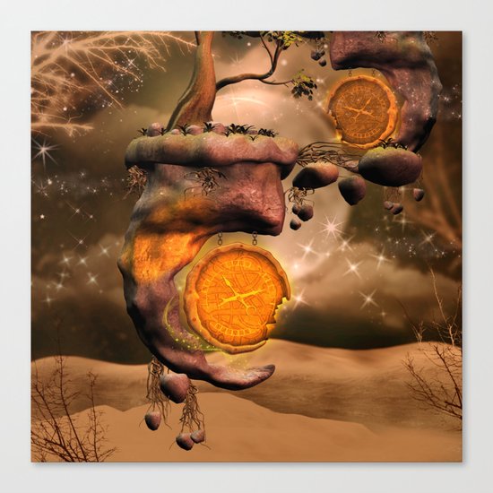 Fantasy world with flying rocks with clocks Canvas Print