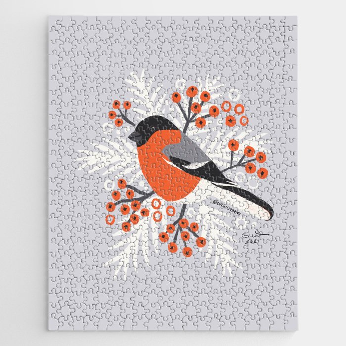 Red Winter Birds with Berries - Bullfinch & Rowan - Light Grey Background Jigsaw Puzzle