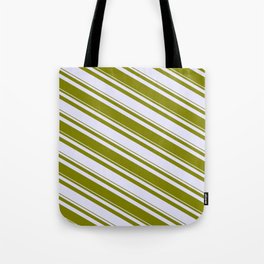 [ Thumbnail: Lavender & Green Colored Striped/Lined Pattern Tote Bag ]