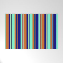 [ Thumbnail: Chocolate, Aquamarine & Blue Colored Stripes Pattern Welcome Mat ]