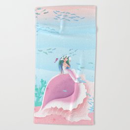 Mermaid admiring herself in a mirror children’s illustration Beach Towel