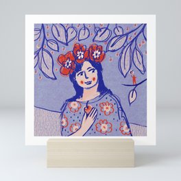 Whimsical Woman Figure Portrait with Flower Crown and Cherries. Modern Feminine Boho Cherry Fruit Art Print for Modern Gallery Wall Decor Mini Art Print