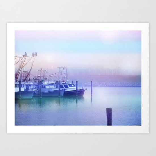 Moored Boats In the Early Morning Fog Art Print