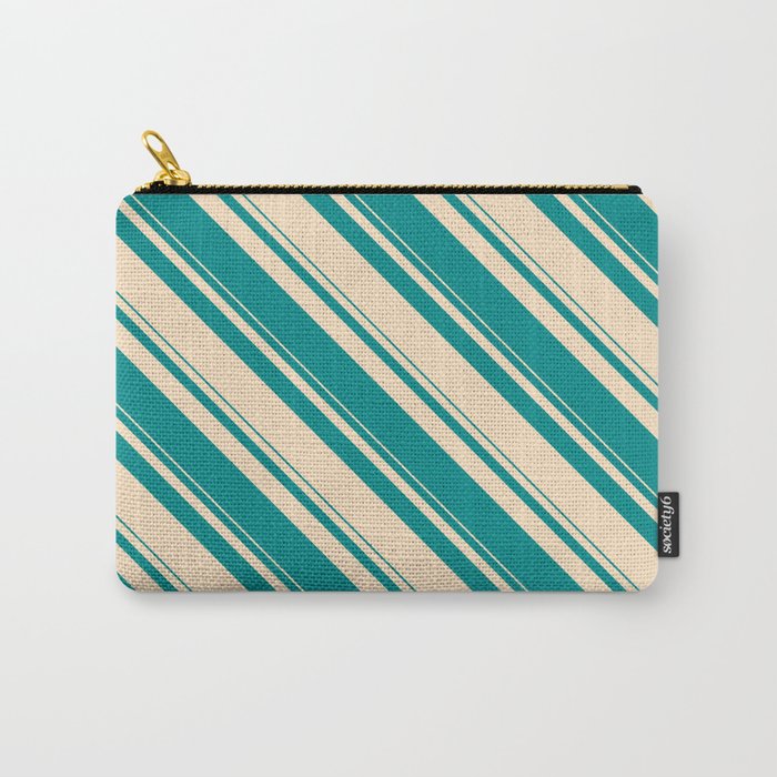 Dark Cyan & Bisque Colored Stripes/Lines Pattern Carry-All Pouch