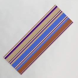 [ Thumbnail: Eyecatching Tan, Royal Blue, Sienna, Light Yellow, and Indigo Colored Lines Pattern Yoga Mat ]
