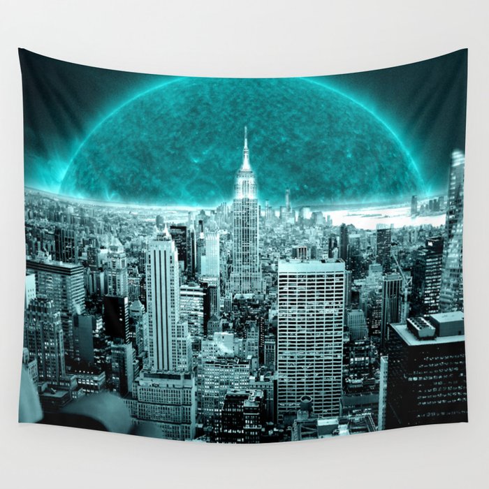 New New York Another World Aqua Teal Wall Tapestry