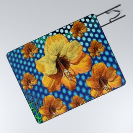 YELLOW-ORANGE AMARYLLIS FLOWERS ON BLUE ABSTRACT Picnic Blanket