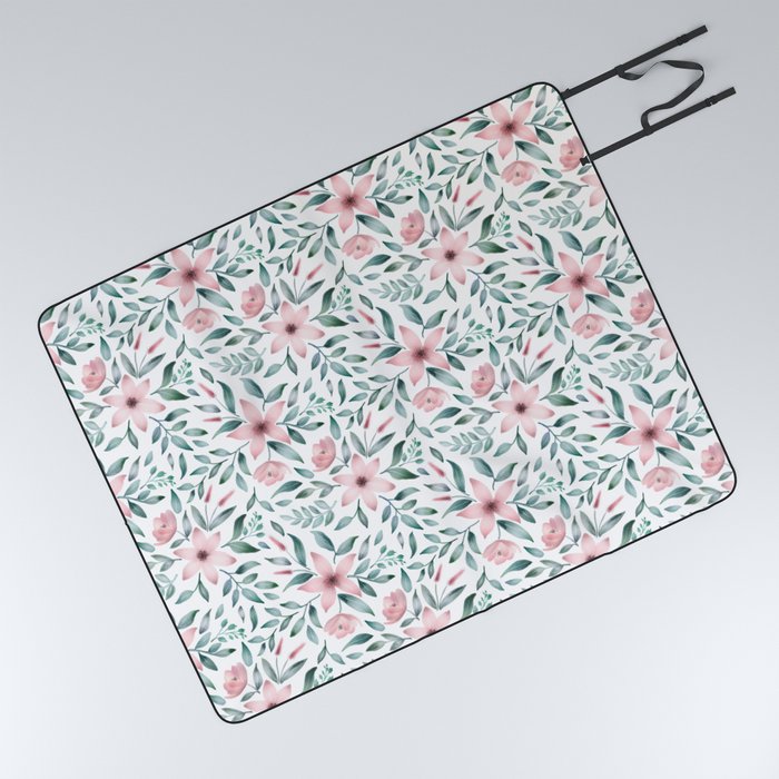 Watercolor pink flowers and leaves  Picnic Blanket