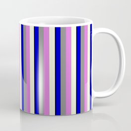 [ Thumbnail: Vibrant Black, Blue, Grey, Orchid, and Beige Colored Striped/Lined Pattern Coffee Mug ]