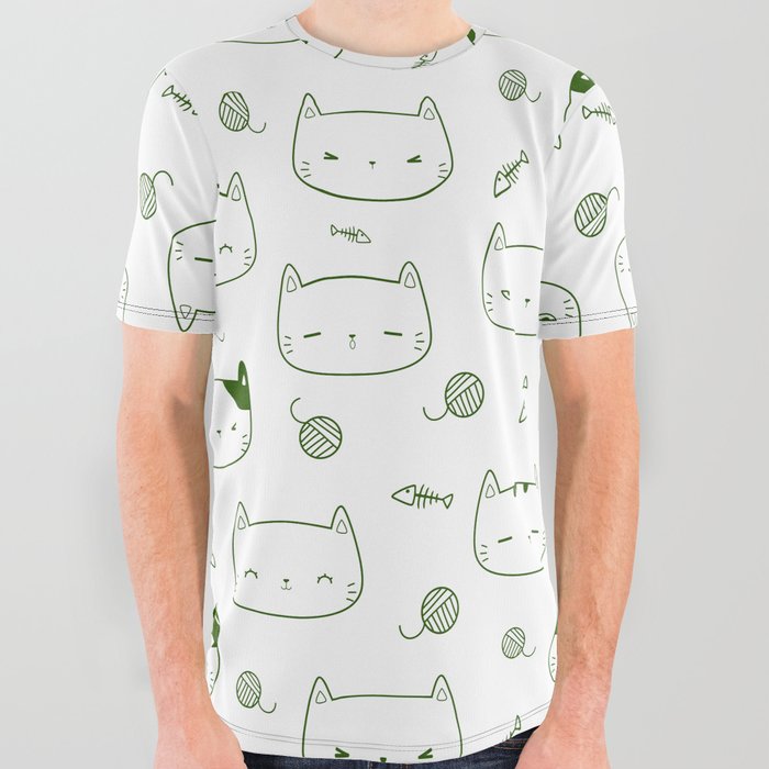 Green Doodle Kitten Faces Pattern All Over Graphic Tee