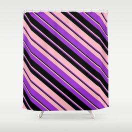 [ Thumbnail: Light Pink, Dark Orchid, and Black Colored Lines/Stripes Pattern Shower Curtain ]