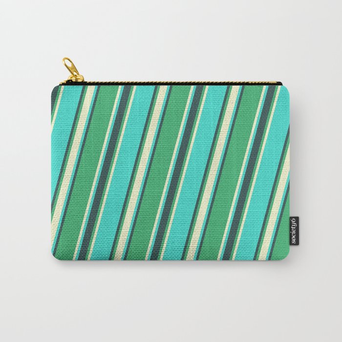 Sea Green, Light Yellow, Turquoise, and Dark Slate Gray Colored Striped Pattern Carry-All Pouch