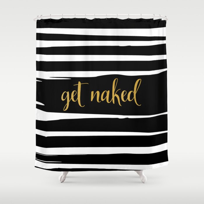 Get Naked Gold Black And White Striped Shower Curtain By