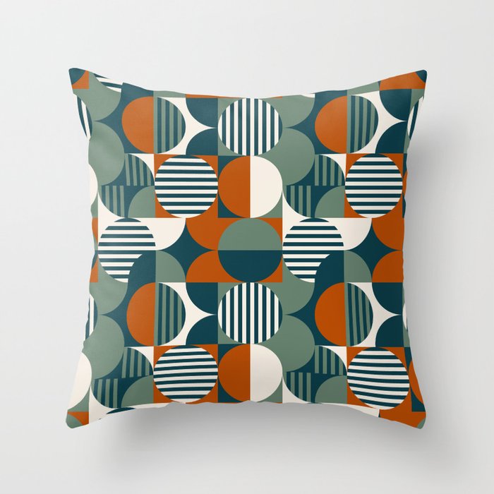 Modern Geometric Pattern, Dark Teal, Burnt Orange, Olive, Cream Throw Pillow