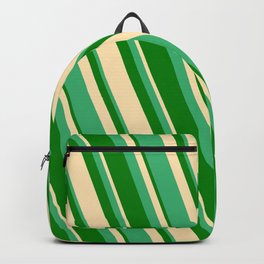 [ Thumbnail: Sea Green, Green & Beige Colored Striped/Lined Pattern Backpack ]